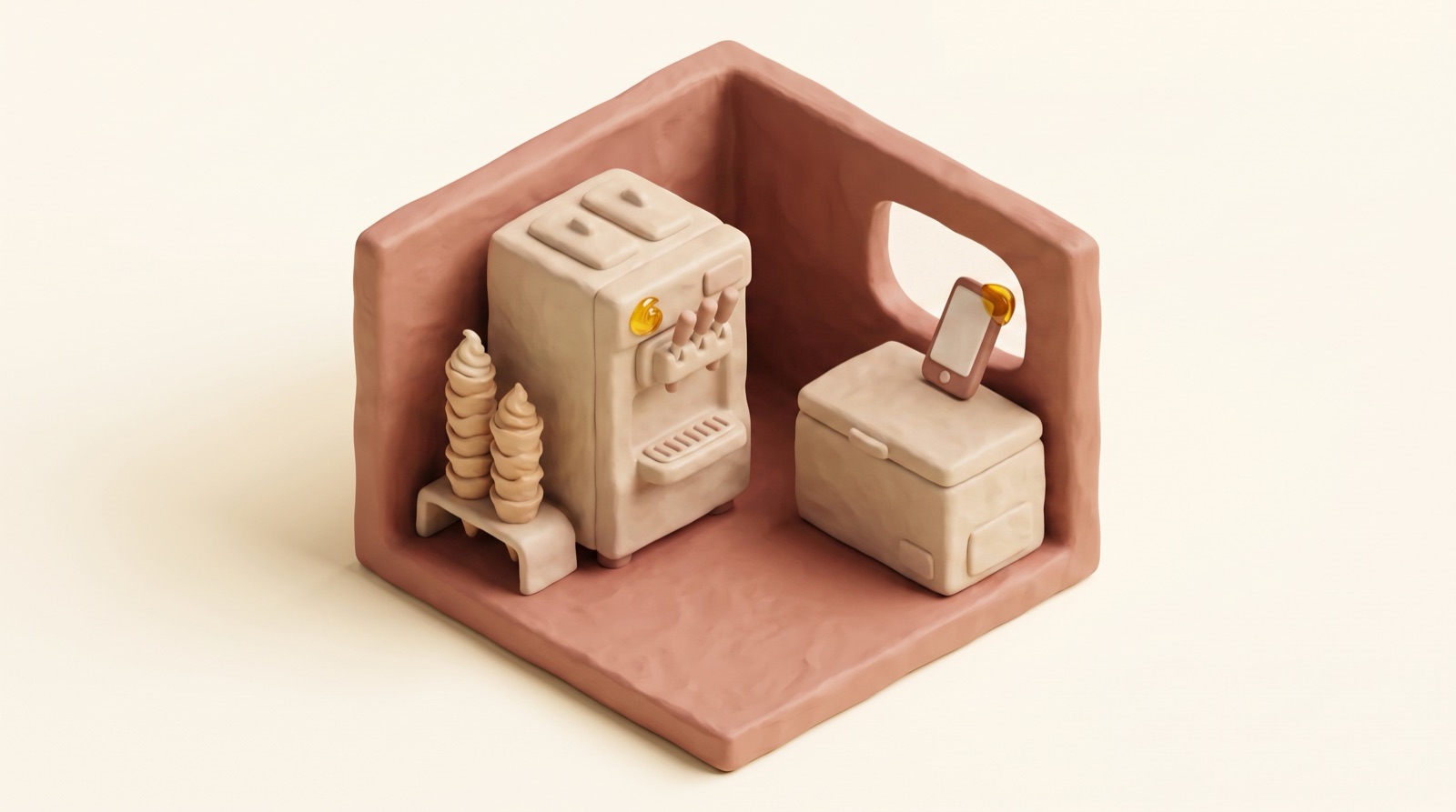 Clay diorama of a soft-serve machine, a stack of cones, a chest freezer, and a phone propped against the van's window