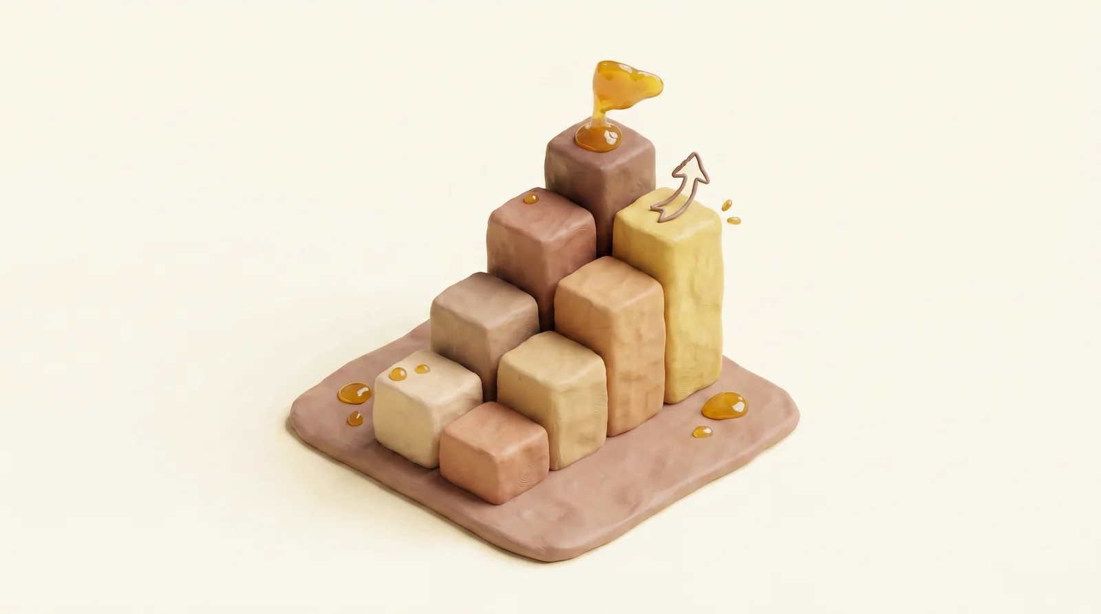 Clay diorama of rising blocks with a yellow flag on the tallest one