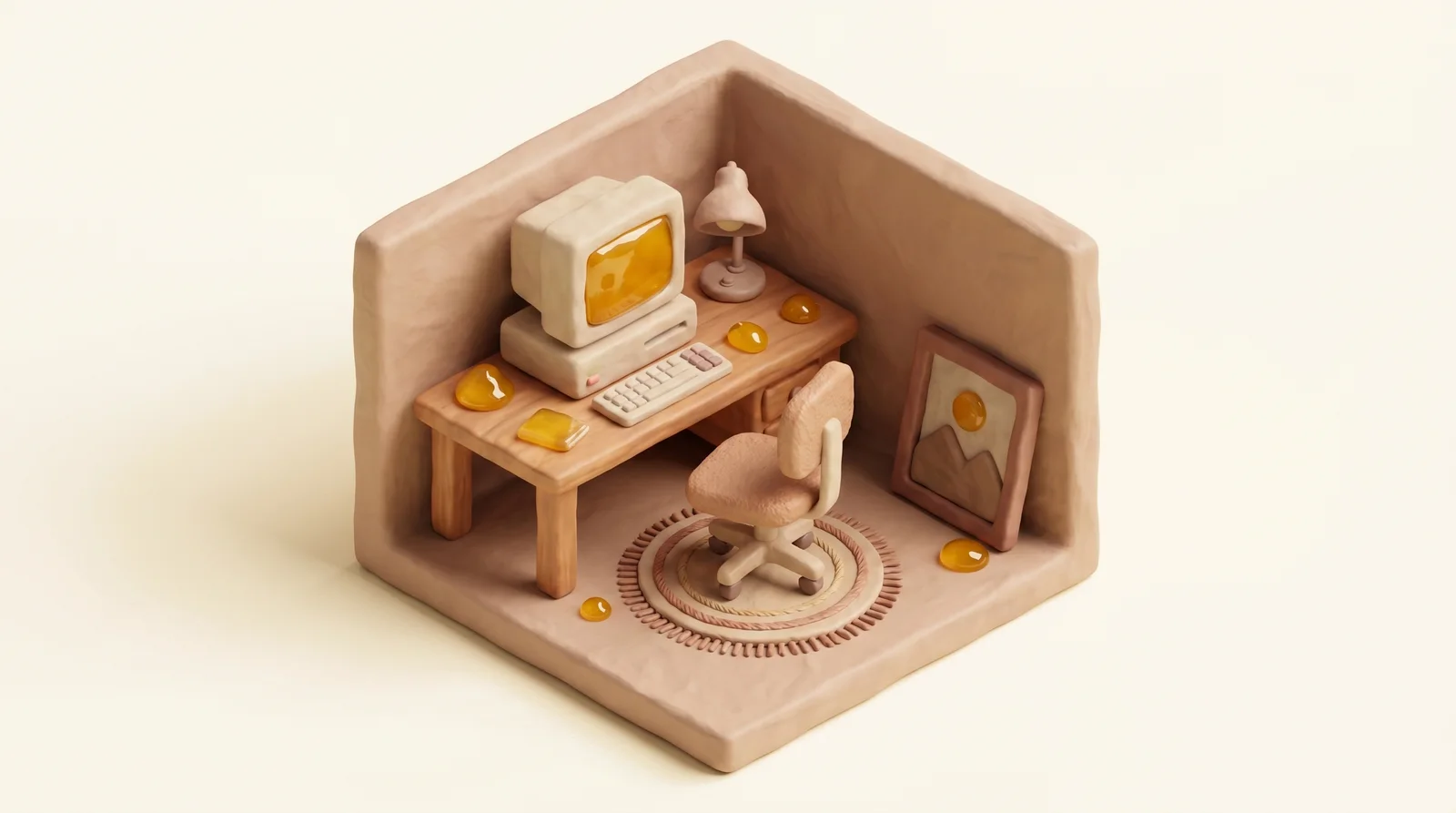 Clay diorama of a desk with a monitor, notebook and a yellow pencil