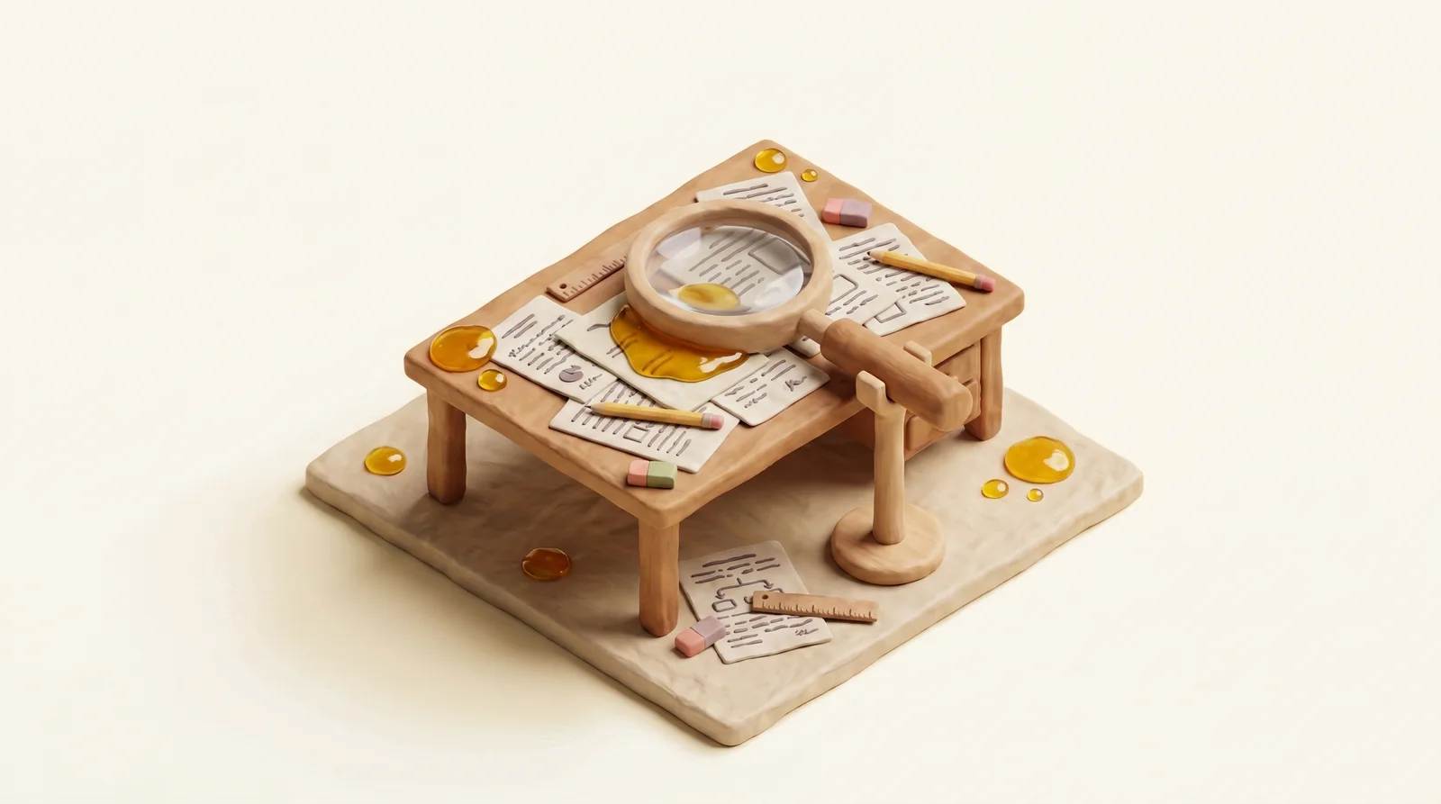 Clay diorama of a desk with documents under a large magnifying glass