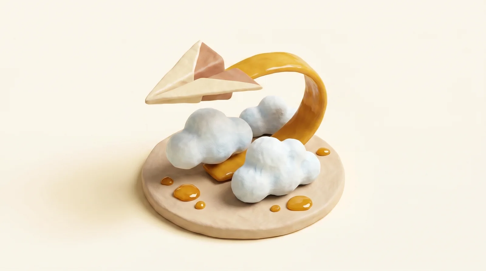 Clay diorama of a paper airplane flying over clouds trailing a yellow ribbon