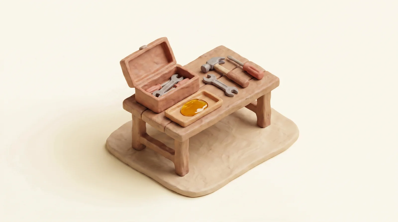 Clay diorama of a workbench with an open toolbox and tools laid out