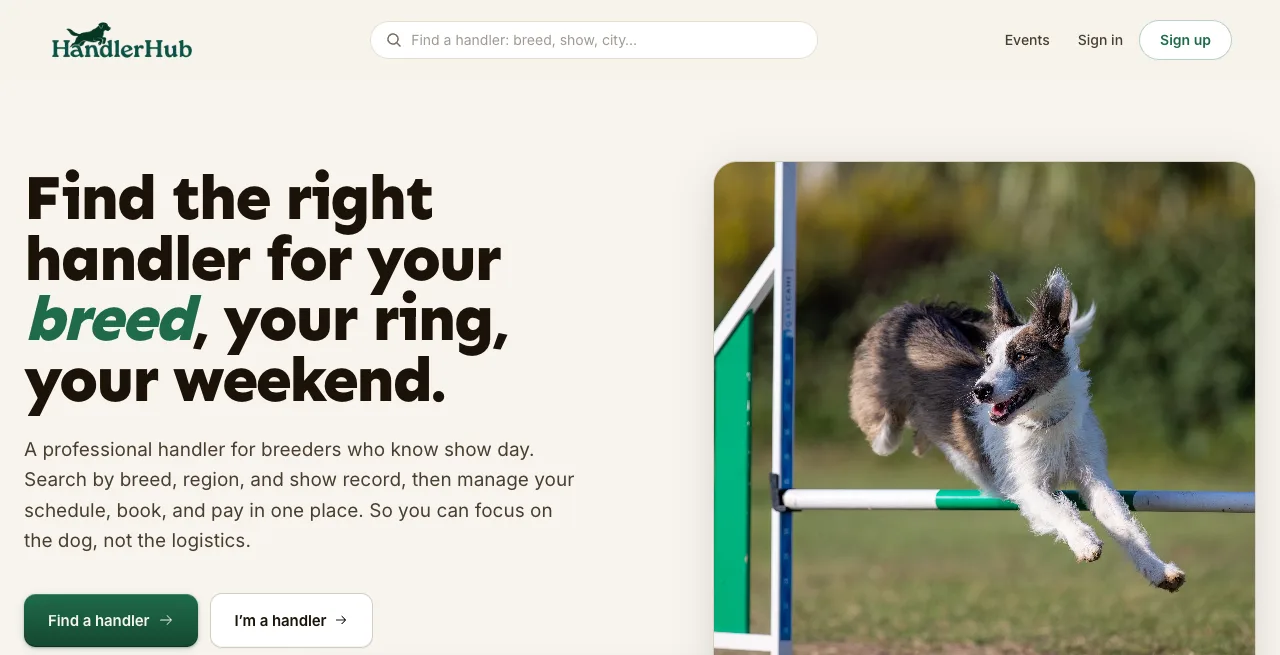 HandlerHub homepage — find the right handler for your breed